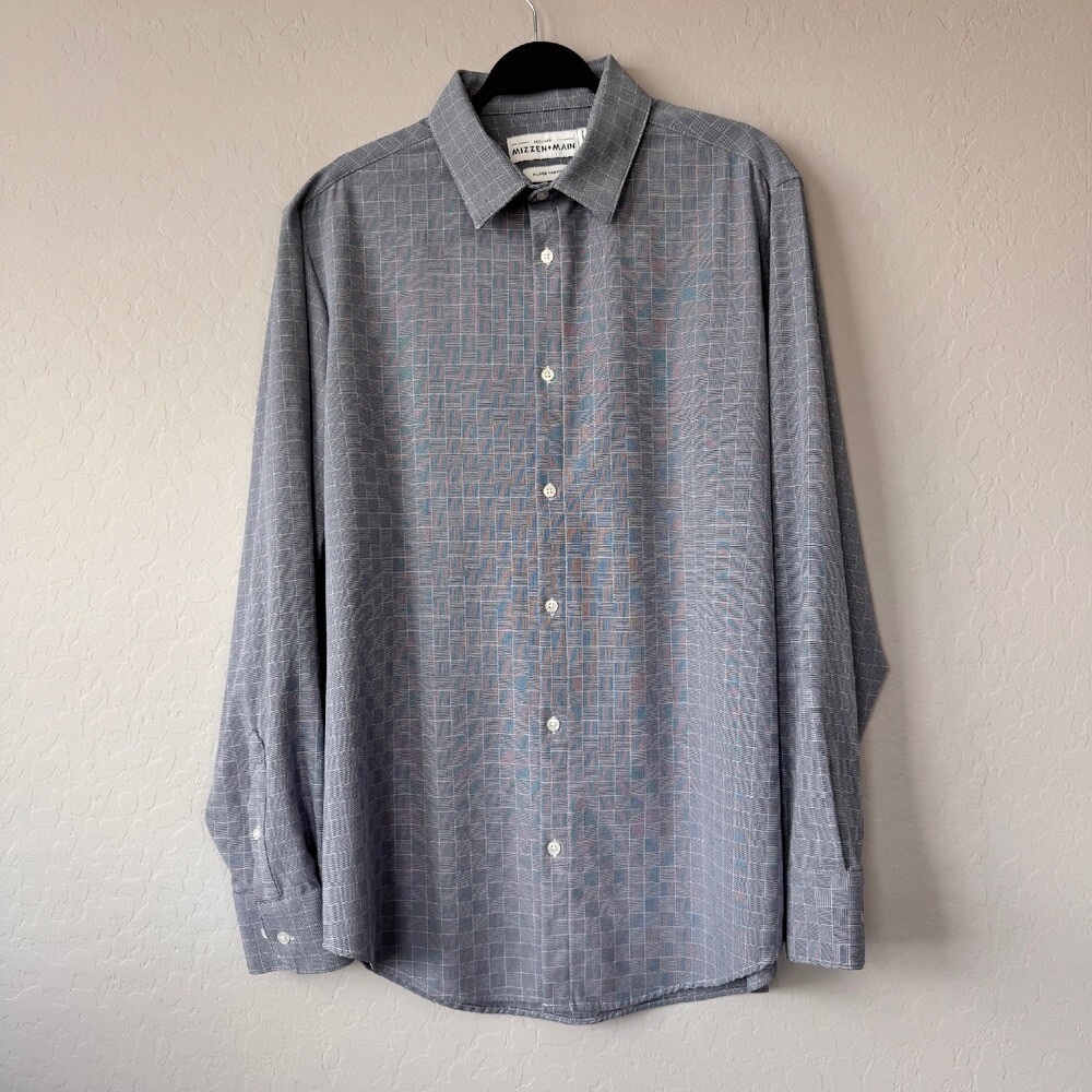 Mizzen+Main‎ Leeward Dress Shirt Stretch Button Up Blue Check XL Trim Fit